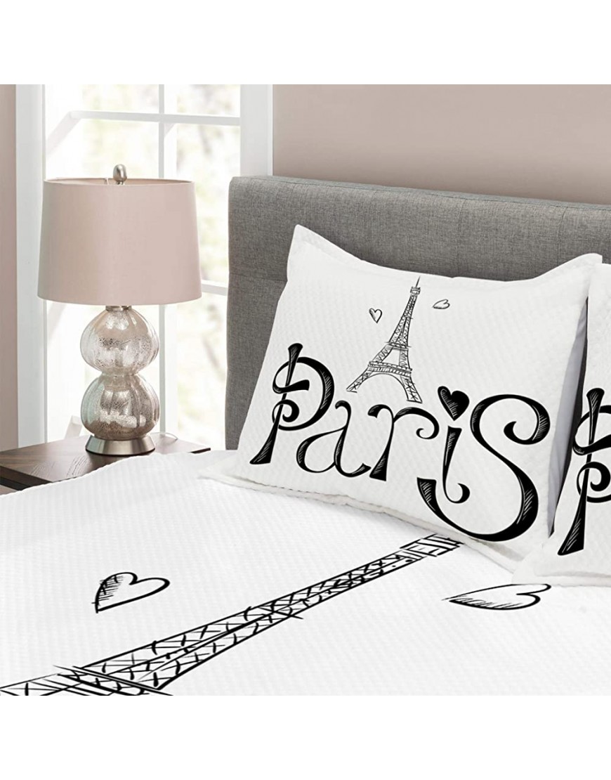 Lunarable Paris Bedspread Illustration with Eiffel Tower France Heart Shapes Silhouette Vacation Theme Art Decorative Quilted 3 Piece Coverlet Set with 2 Pillow Shams Queen Size White Black - BX04XXTLH