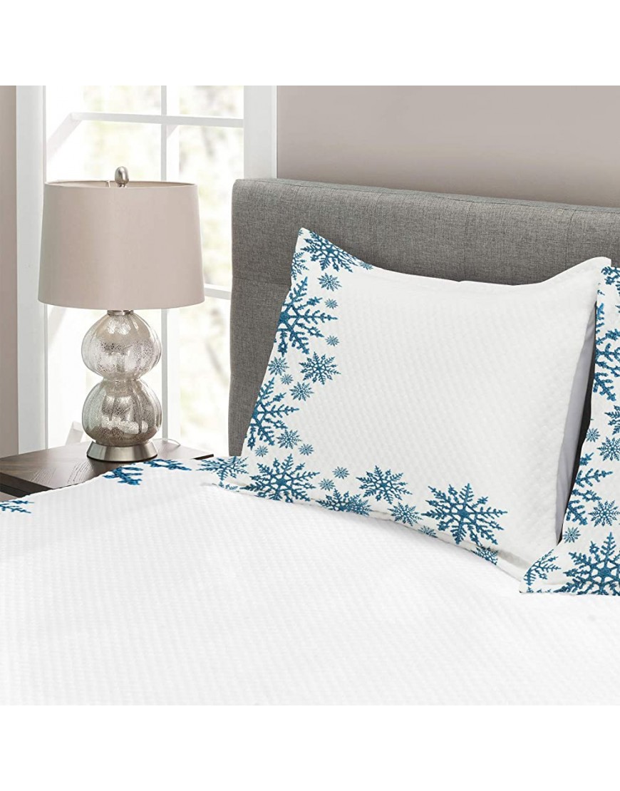 Lunarable Snowflake Bedspread Snow Inspired Abstract Frozen Season Frame Pattern Christmas Celebration Decorative Quilted 3 Piece Coverlet Set with 2 Pillow Shams Queen Size White Blue - B7UTV8FXE