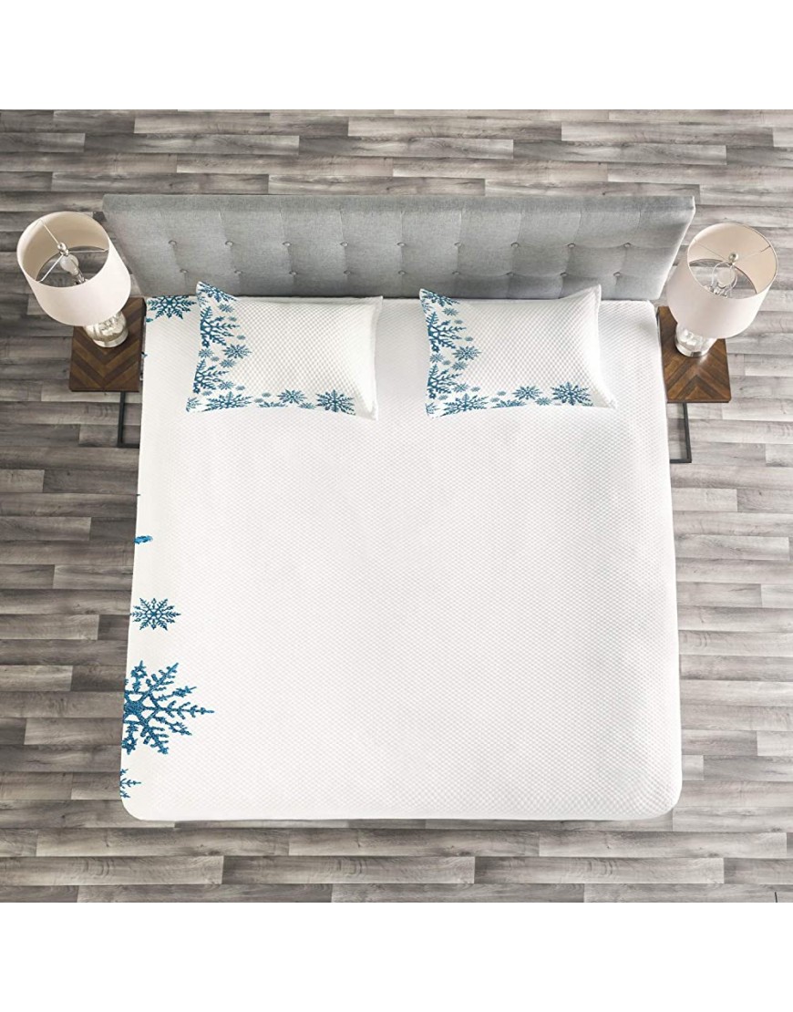 Lunarable Snowflake Bedspread Snow Inspired Abstract Frozen Season Frame Pattern Christmas Celebration Decorative Quilted 3 Piece Coverlet Set with 2 Pillow Shams Queen Size White Blue - B7UTV8FXE