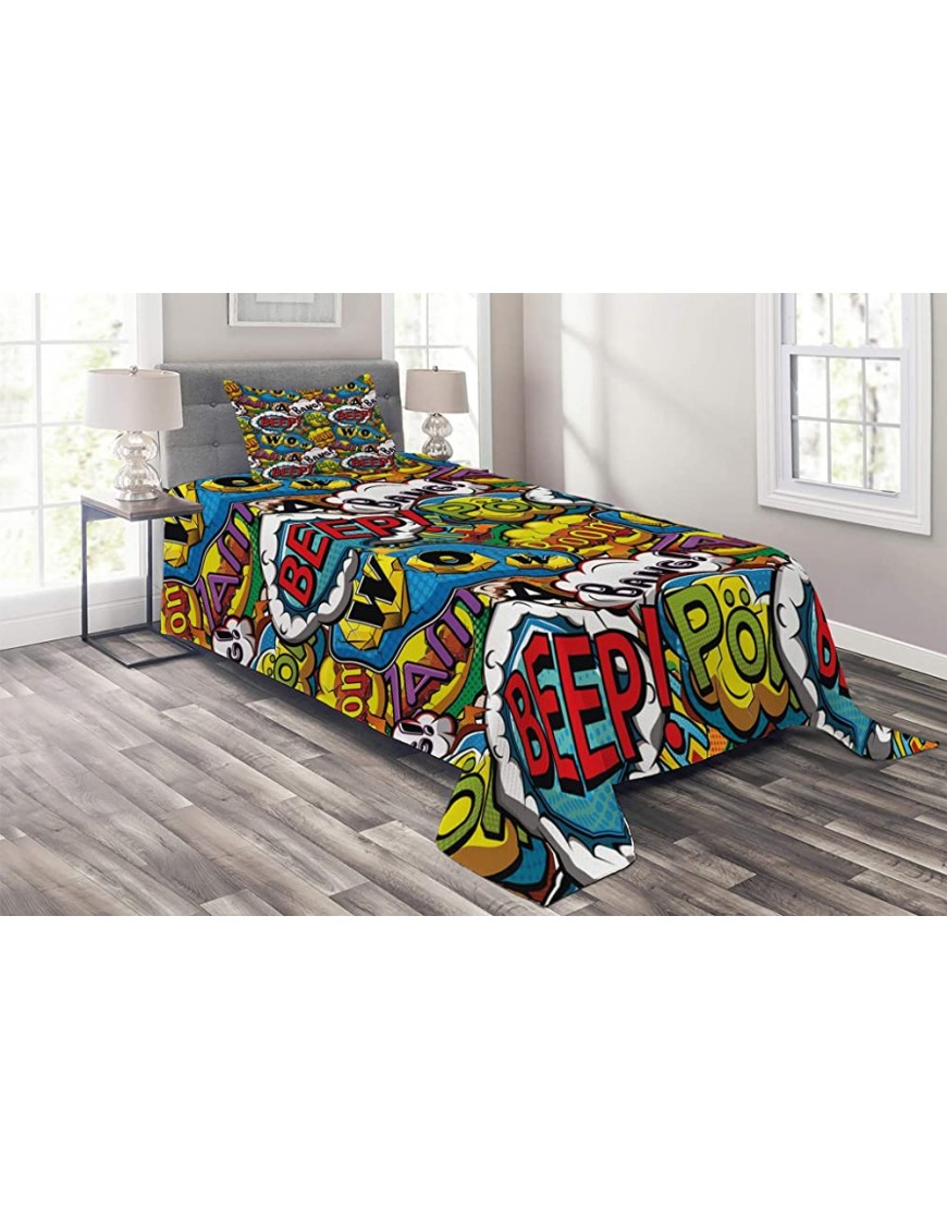 Lunarable Superhero Coverlet Set Twin Size Comics Speech Bubbles Beep Wow with Vivid Old Effects Boys Supernatural Print 2 Piece Decorative Quilted Bedspread Set with 1 Pillow Sham Blue Red - B55TFQKCH