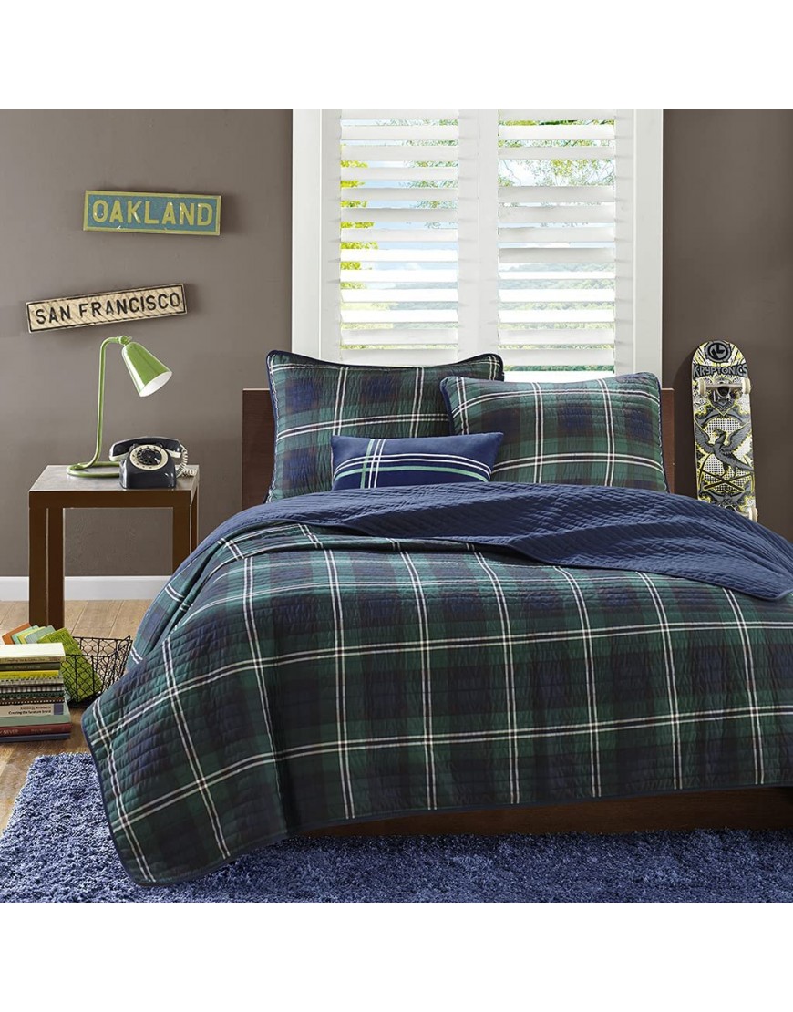 MI ZONE Brody Teen Set-Blue Green Plaid – Boys Peach Skin Fabric Bed Quilted Coverlet Full Queen - B5V24U58K