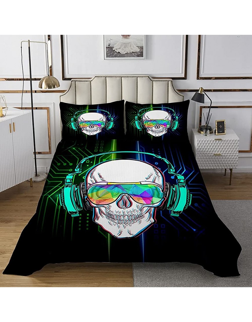 Music Skull Bedspread Rock Music Themed Quilted Coverlet for Kids Boys Girls Teens Punk Headphones Skull Coverlet Set Popstar Party Quilted Bedroom Collection Modern Room Decor Bedding Set Twin Size - B4S7NXULV