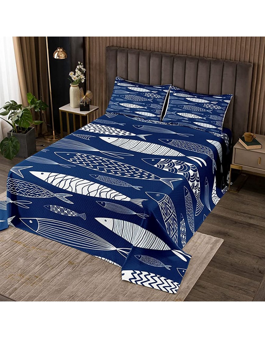 Sea Fish Bedspread Coverlet Girl Navy Blue Minimalism Microfiber Coverlet Chic Blue Sea Fish Bed Covers for Kids Children Soft Bedspread Cover Room Decor Quilt Cover Queen 3 pcs Bedspread Set - B32QJ153R