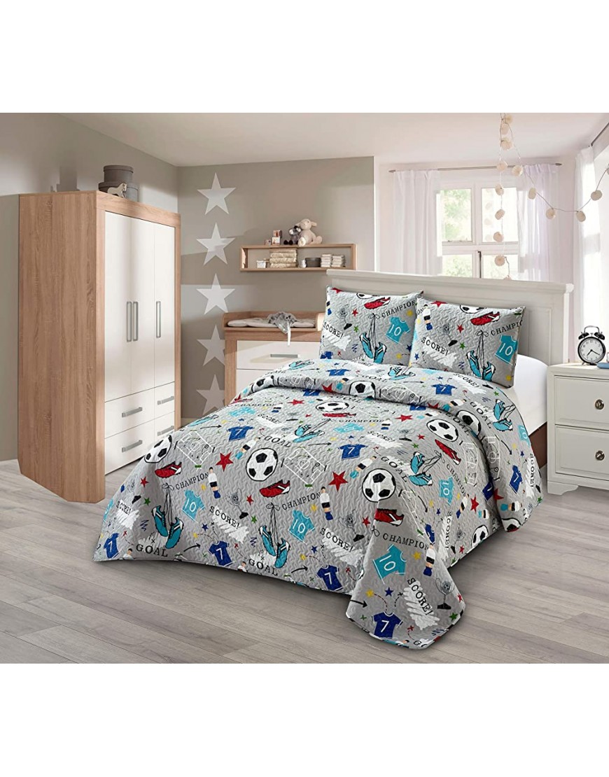 Smart Linen Soccer Elements Bedspread Set Soccer Ball Shoes T-Shirt Trophy Silver Blue Red White Yellow New # Sport 1 Full Queen - BC19KLJC3